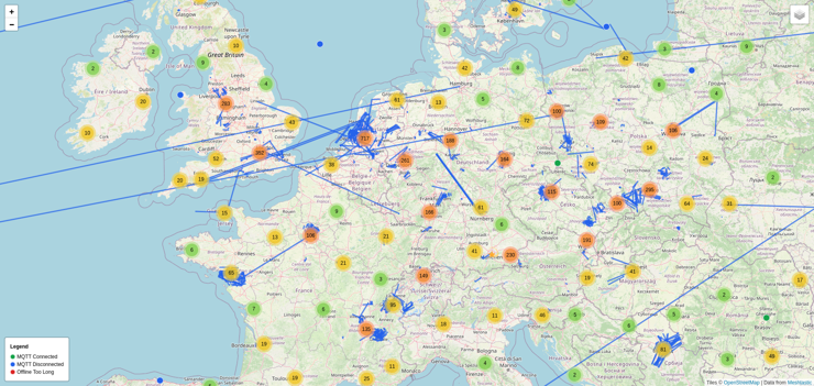 Meshtastic public node map of central Europe and some of the UK. These regions have a high node density, compared to their neighbours in the South.