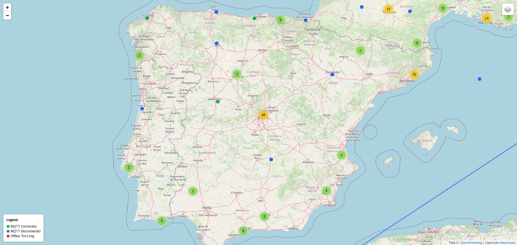 Meshtastic public node map of Spain and Portugal. Both countries have a relatively low node density.